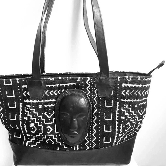 Handmade mud cloth leather face handbag - Picture 1 of 10